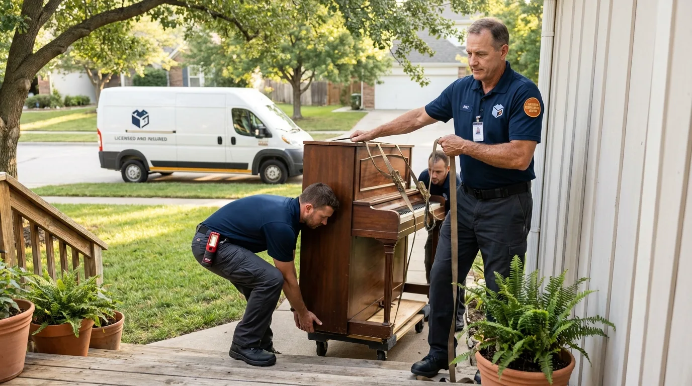 Licensed piano movers securing grand piano in Union City, GA