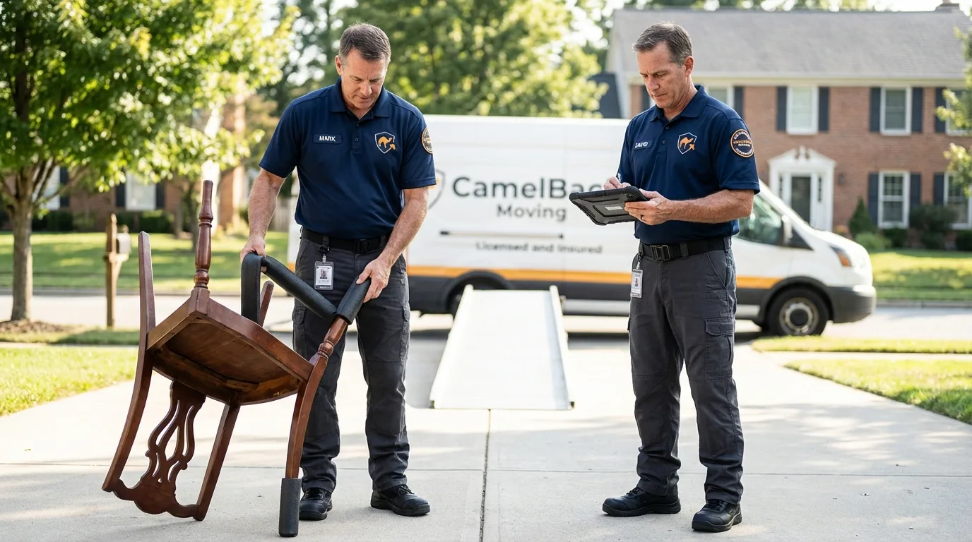 Movers inspecting furniture for damage prevention before loading in Union City, GA
