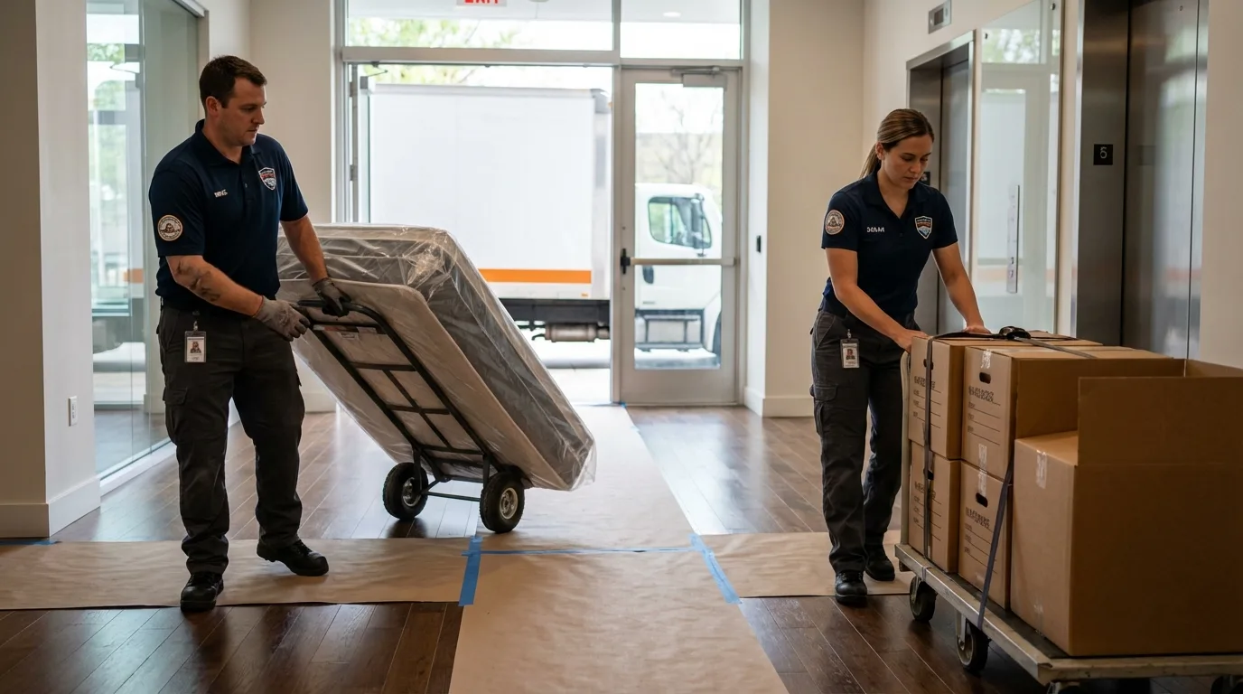 Professional apartment movers loading elevator in Union City, GA