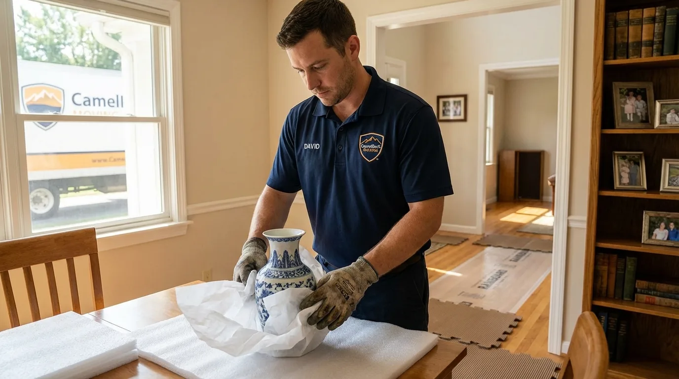 Professional crew carefully wrapping antique vase for senior downsizing move in Union City, GA